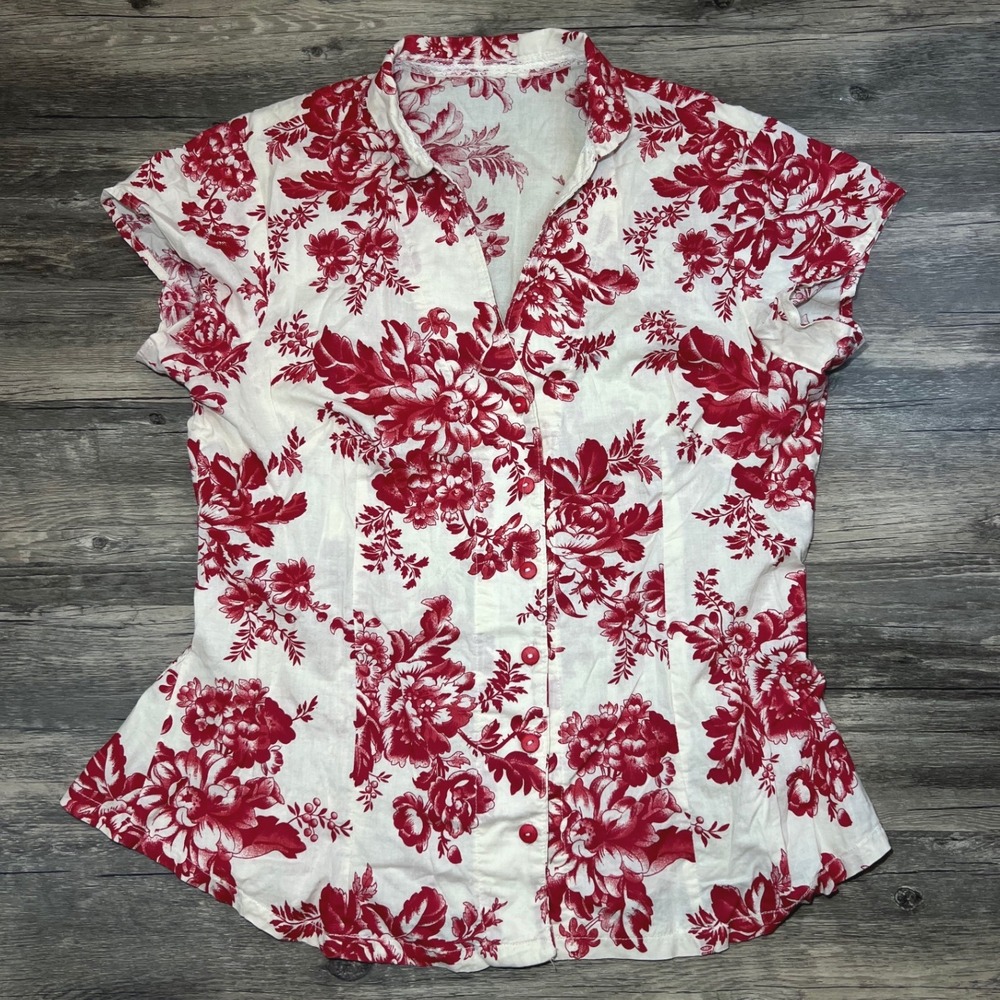 Red Toile Floral Button Down Blouse Women's Small Cottagecore European Coastal